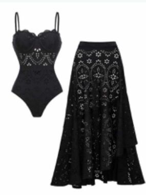 Black Laser-Cut One-Piece Swimsuit with Matching Skirt
